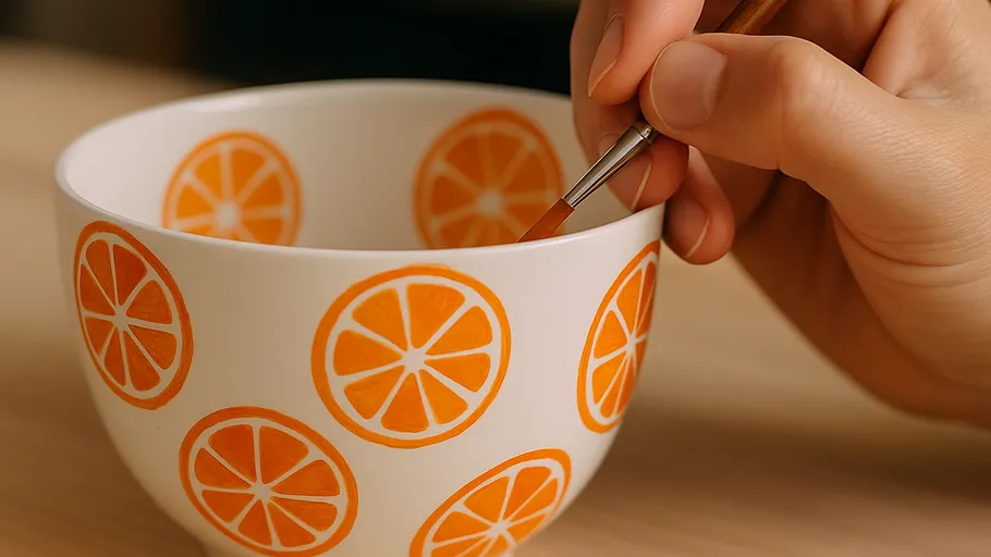 Hand malt Orangenscheiben auf weiße Schale.