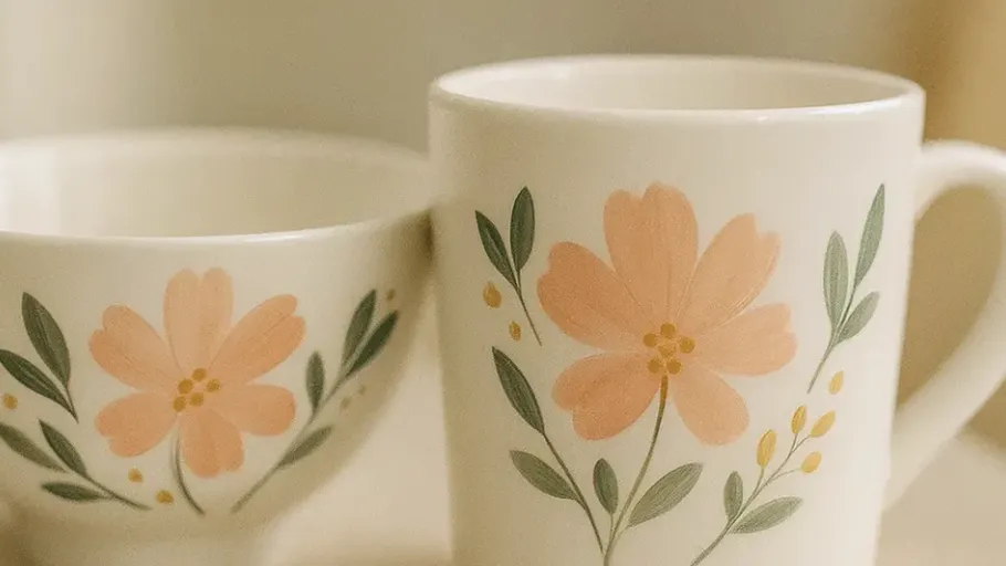 Tasse und Schüssel mit Blumendesign.