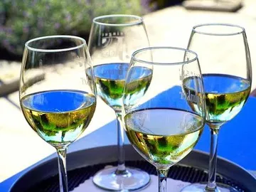 Four wine glasses sit on an outdoor table.