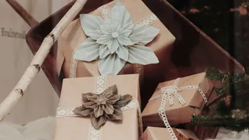 Geschenkboxen mit Spitze umwickelt, Birkenzweig daneben.