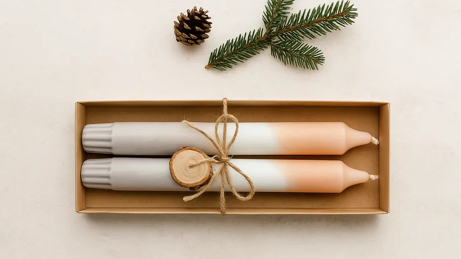 Two candles in a box with pine decor.