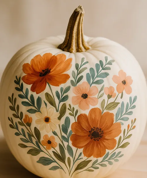 Kürbis mit gemalten Blumen, drinnen.