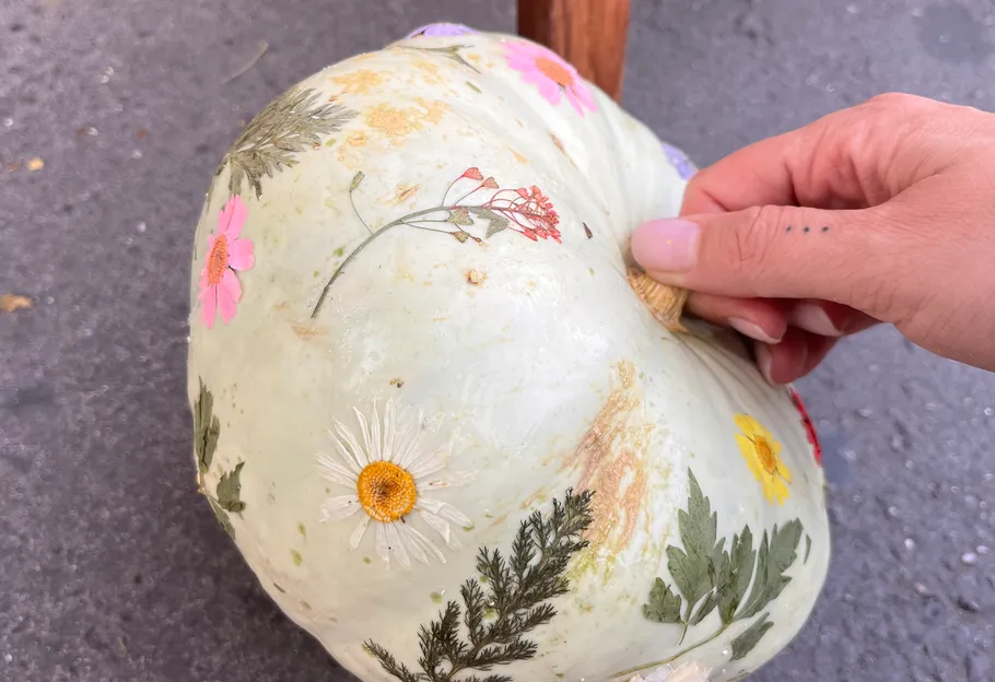 Hand decorating pumpkin with pressed flowers.