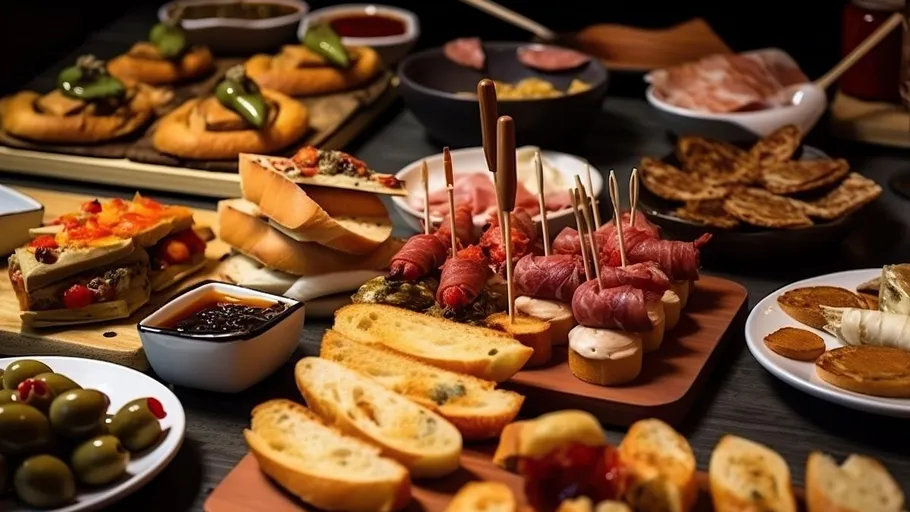 Auswahl an Tapas-Gerichten auf Holzbrettern.