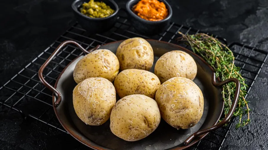 Boiled potatoes in a pan with sauces nearby.