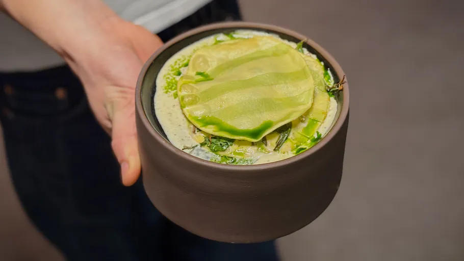 Hand holds dish with layered green food.