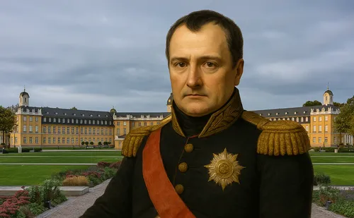 Man in military uniform before historic building.