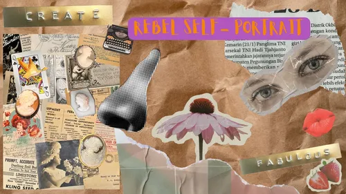 Collage mit Text, Bildern und künstlerischen Elementen.