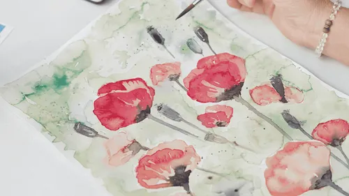 Person malt rote Mohnblumen mit Aquarellfarben.