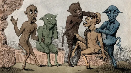 Five demons interacting on rocky terrain.