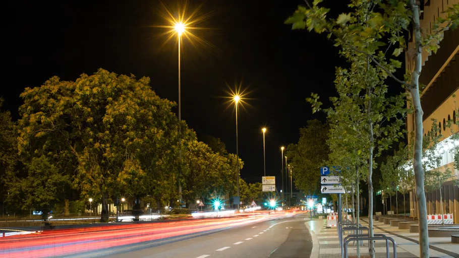 Nachtstraße mit Lichtspuren und Bäumen.