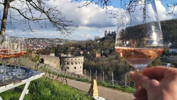 Hand holding wine glass overlooking vineyard tower.