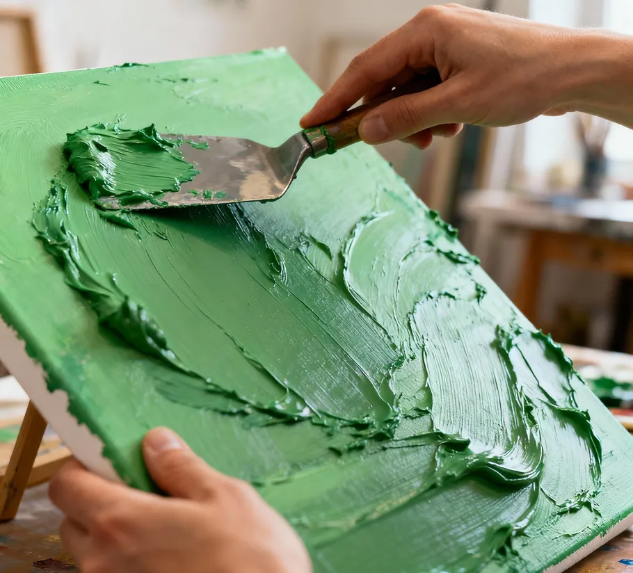 Hände verteilen grüne Farbe auf Leinwand.