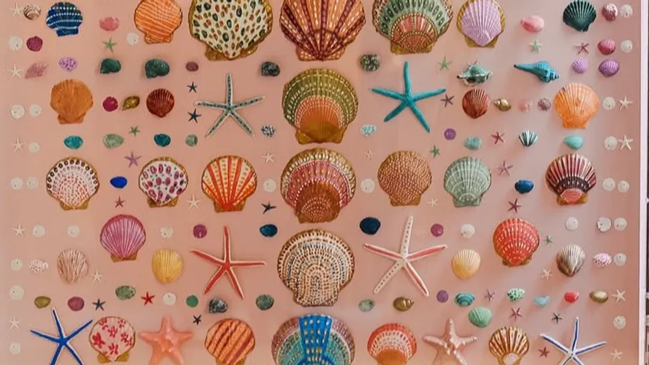 Colorful shells and starfish arranged on wall.