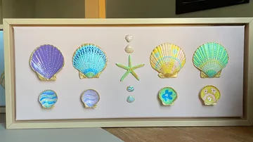 Decorative shells and starfish in a wooden frame.