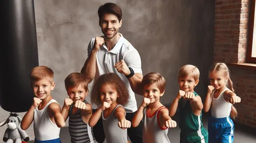 Instructor with children practicing boxing in a gym.