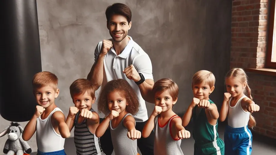 Instructor with children practicing boxing in a gym.