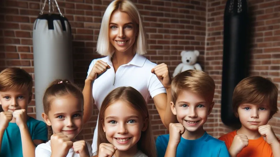 Children with instructor posing in gym.