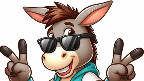 Cartoon donkey wearing sunglasses, peace gesture.