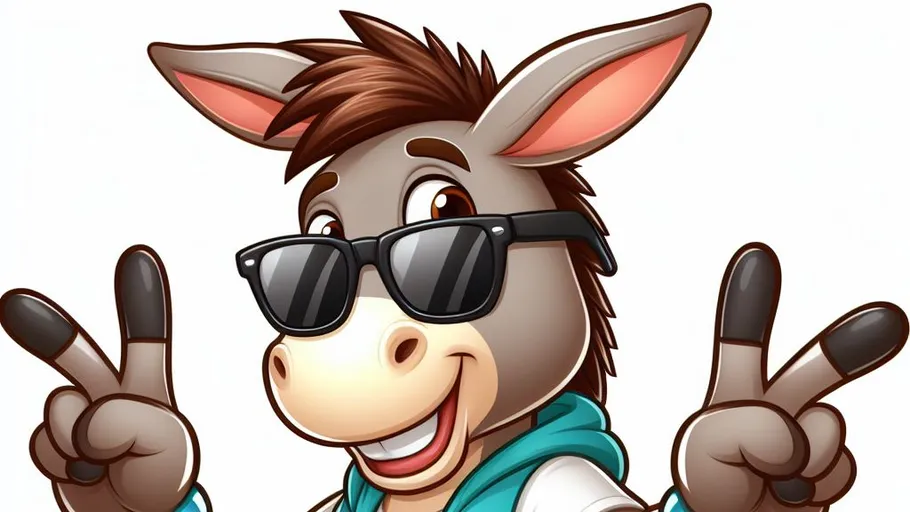 Cartoon donkey wearing sunglasses, peace gesture.