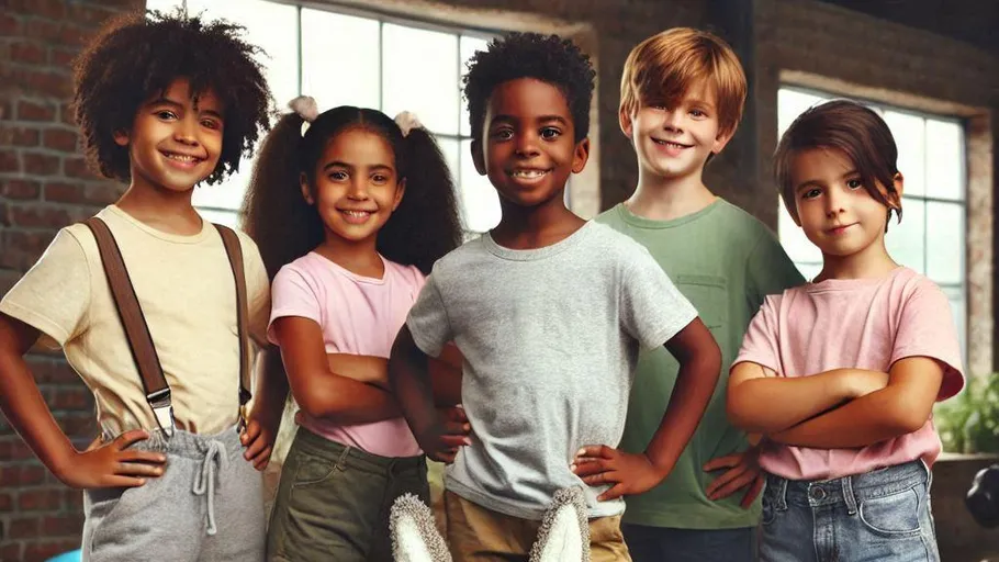Five children smiling in colorful clothing indoors.