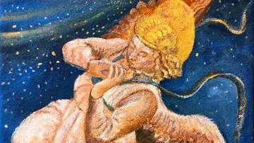 Winged figure playing instrument against starry sky.