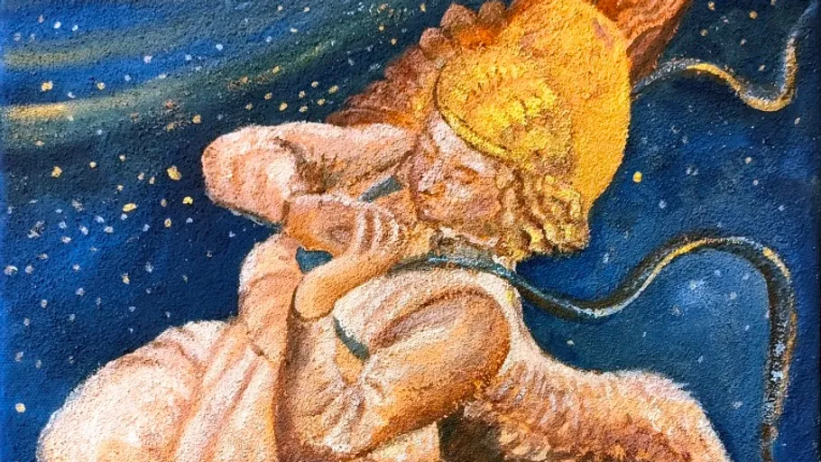 Geflügelte Figur spielt Instrument vor Sternenhimmel.