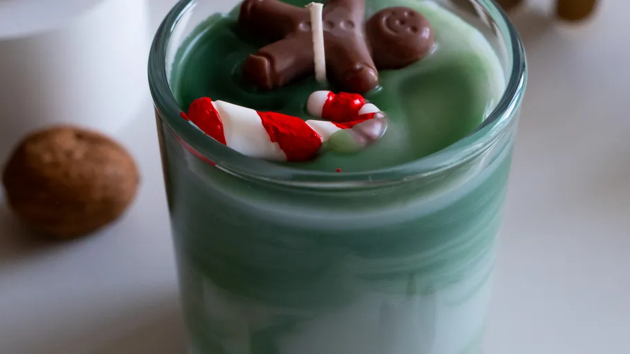 Kerze mit Lebkuchen-Dekoration, grünes Wachs.