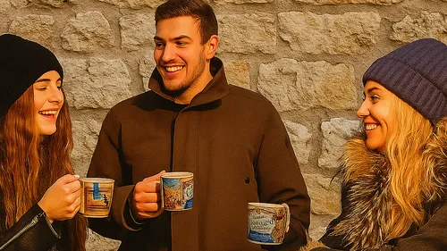 Three people smiling, holding mugs, outside stone wall.