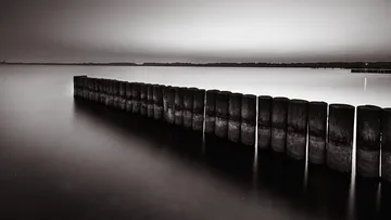 Holzpfähle ragen in ruhiges, nebliges Wasser.