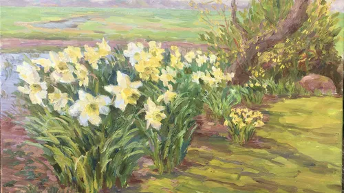 Daffodils blooming beside a tree in garden.