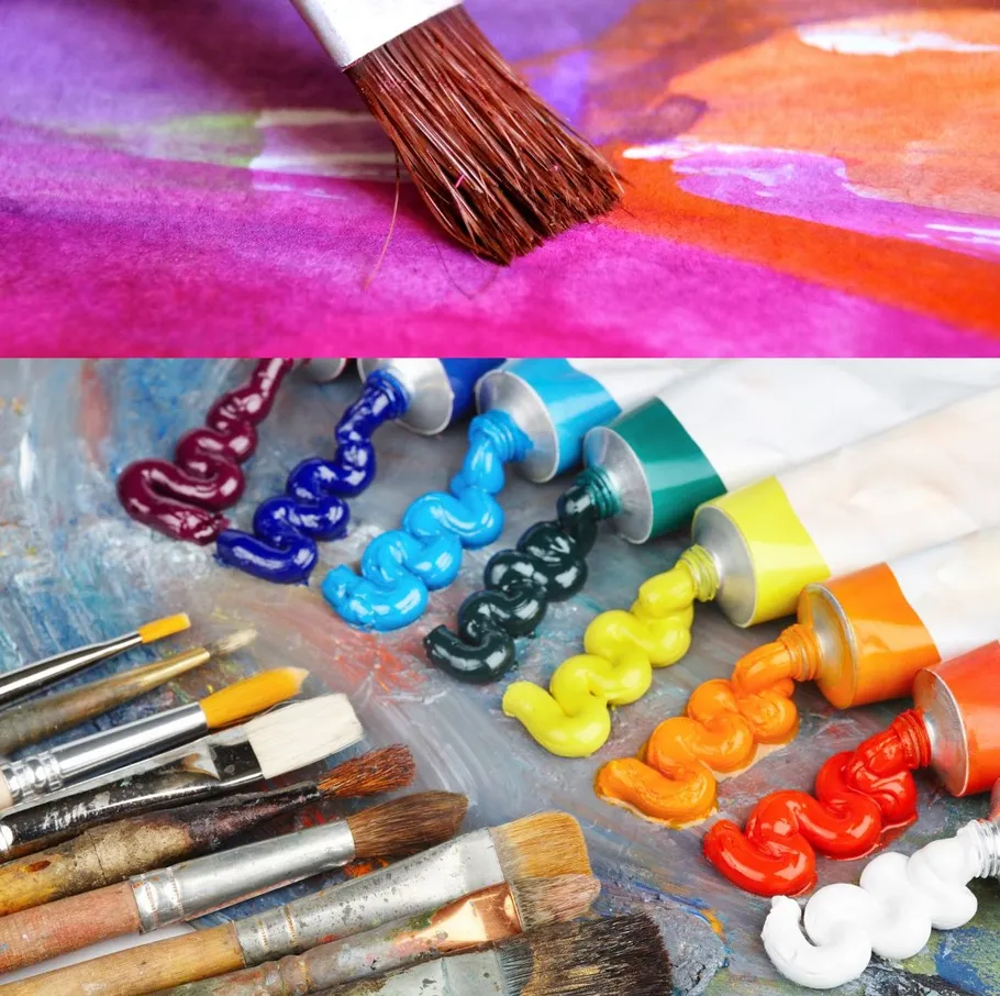 Paintbrush applying bright colors on paper.
