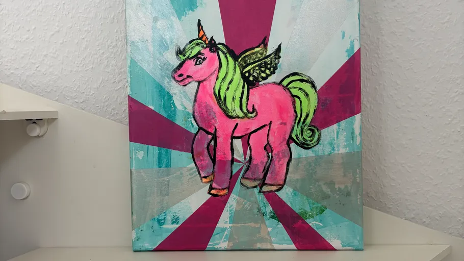 Pink unicorn painting on colorful background.