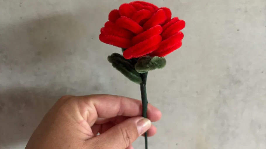 Hand holding red pipe cleaner rose.