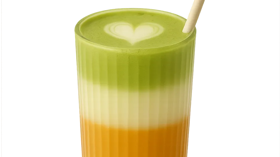 Layered matcha latte with heart design on top.