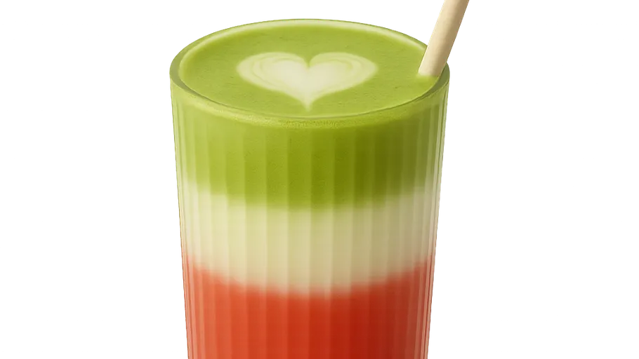 Layered drink with heart design on top.