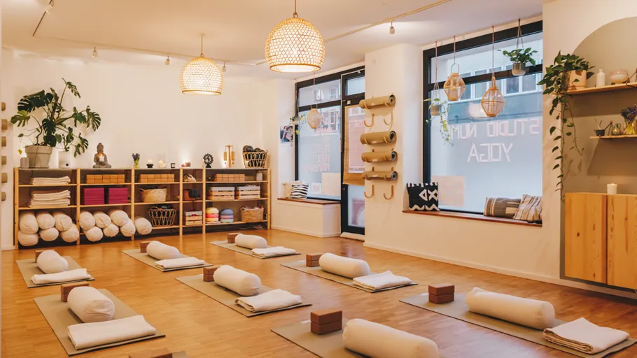 Yoga mats with cushions in a serene studio.