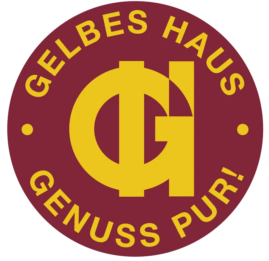 Logo mit gelbem Text auf rotem Kreis.
