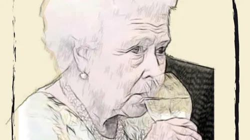 Elderly woman sipping wine, sketched portrait style.