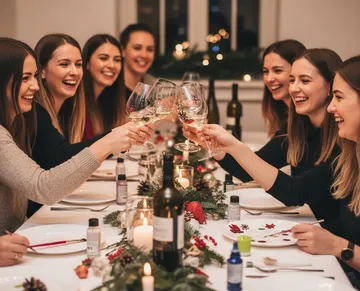 Gruppe Frauen beim Anstoßen am festlichen Tisch.