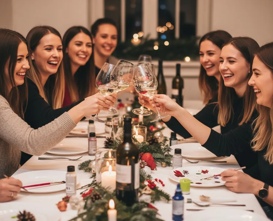 Group of women toasting at festive dinner table.