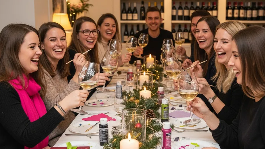 Group of people laughing, holding wine glasses inside.