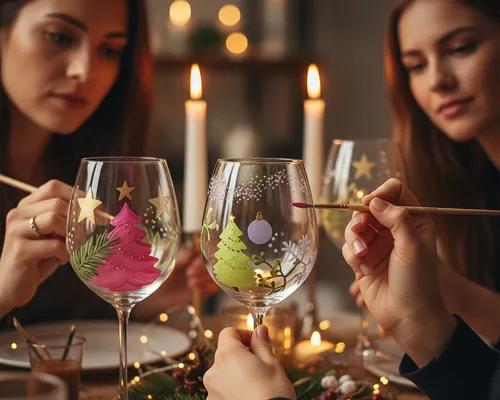 Frauen malen Weihnachtsdesigns auf Weingläser.
