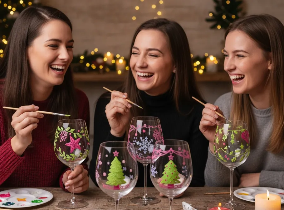Three women painting Christmas-themed wine glasses indoors.