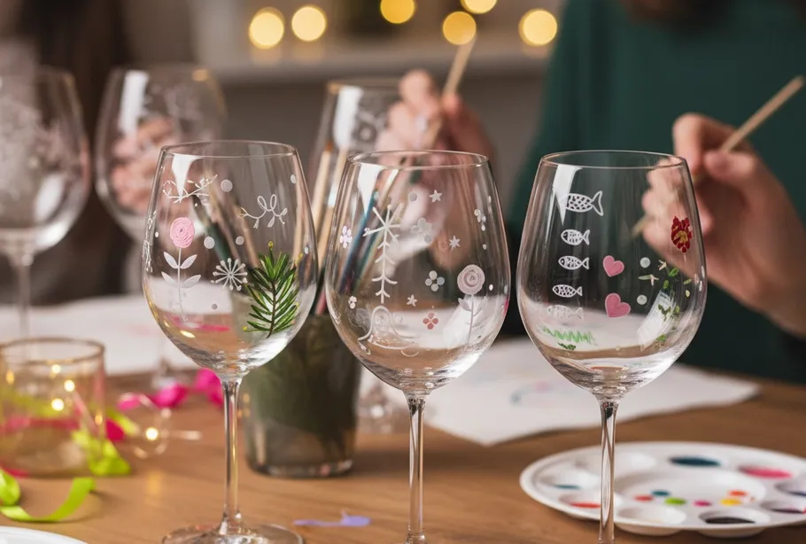 Decorated wine glasses with painting activity.
