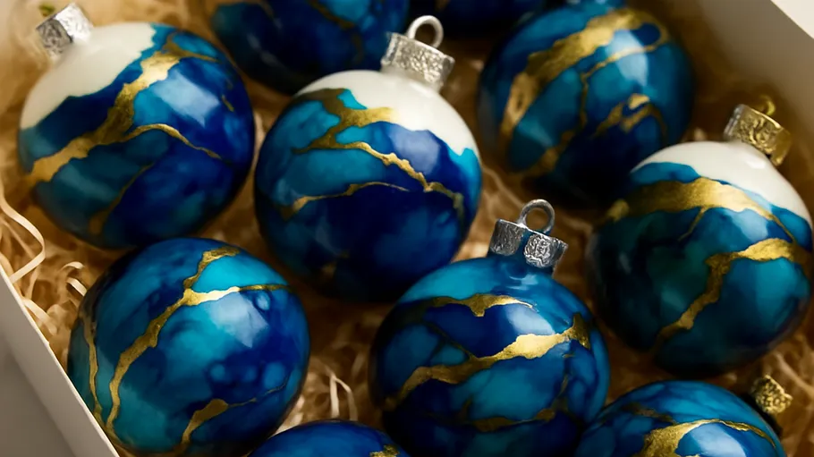 Blaue Weihnachtskugeln mit goldenen Adern in einer Schachtel.