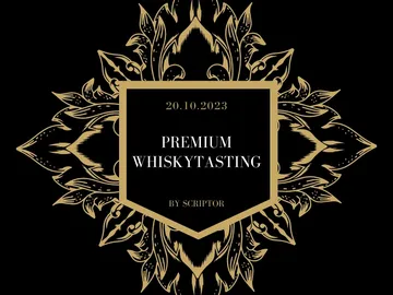 Schwarzer Hintergrund, goldene Ornamente, Whiskyverkostung, Datum und Veranstalter.