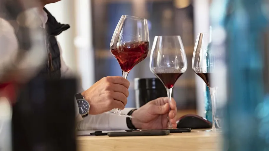 Person holding a wine glass on a table.