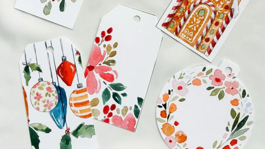 Colorful Christmas gift tags with decorations.