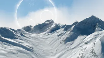 Berge mit leuchtenden Kreisen am Himmel.